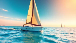 J88 sailboat gracefully sailing in turquoise waters at sunset, highlighting its sleek design and adventure spirit.