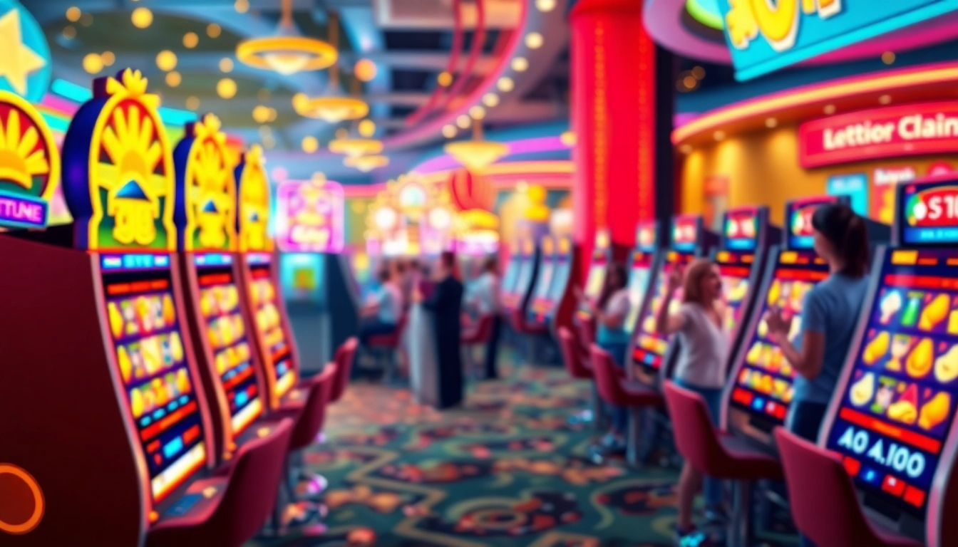 Explore thrilling สล็อตออนไลน์ experiences with colorful slot machines and joyful players celebrating wins.