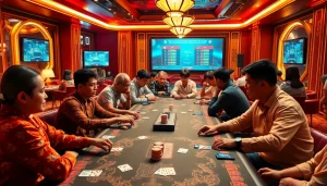 Exciting players enjoying game đánh bài đổi thưởng in a vibrant online gaming room.