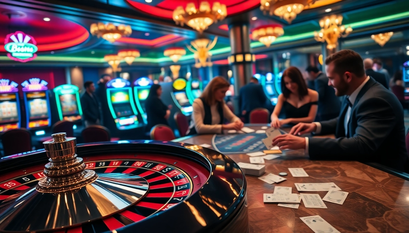 Experience the thrill of bet88 com with elegant players at a casino poker table and vibrant slot machines in the backdrop.