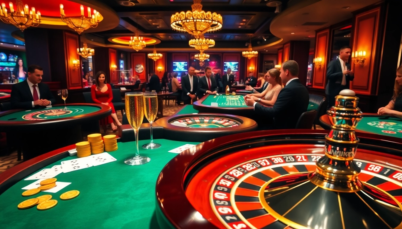 An exciting casino scene showing deneme bonusu veren siteler, with games, players, and glamorous settings.