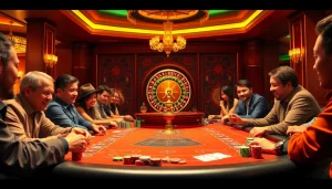 Experience the thrill of 'bong da lu fun' at a vibrant poker table surrounded by eager players.