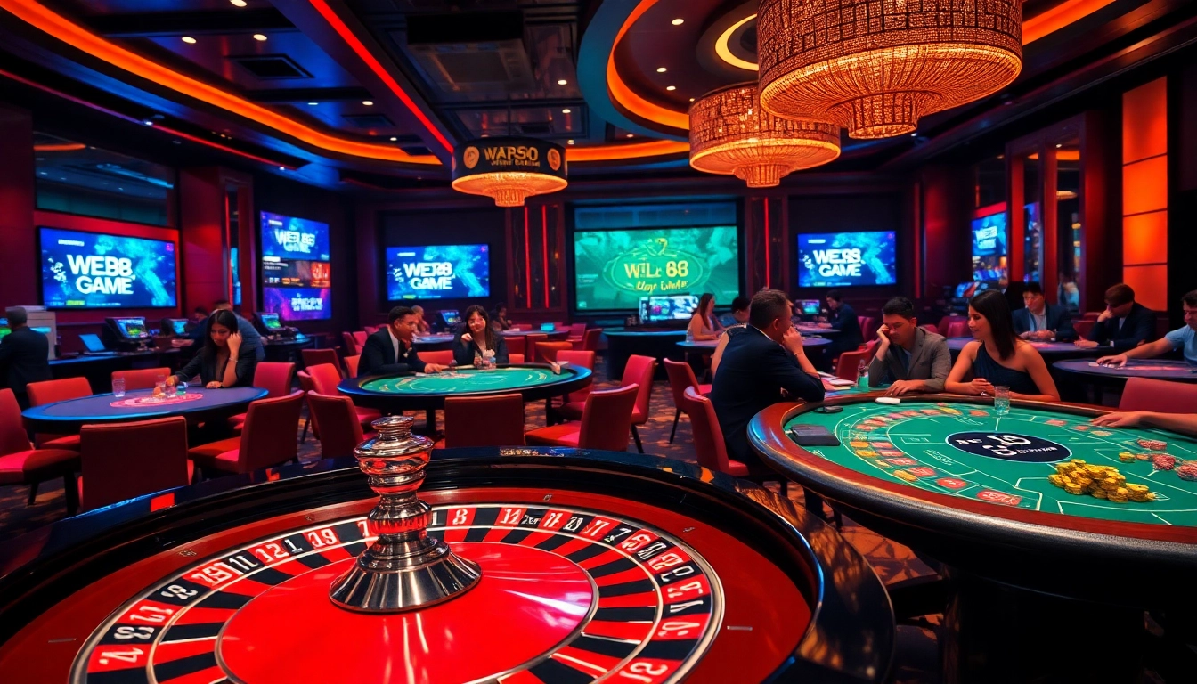 Experience the excitement of 'Web 68 game bài' as players enjoy thrilling casino games at a bustling roulette table.