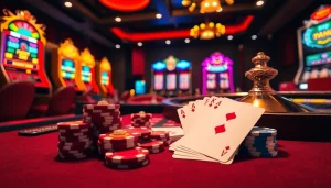 Experience the thrill of betting at URUS99 with vibrant casino tables, cards, and spinning roulette wheels.