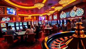 Players enjoying intense action at a casino featuring Web 68 game bài games, with vibrant poker tables, slot machines, and roulette wheels.
