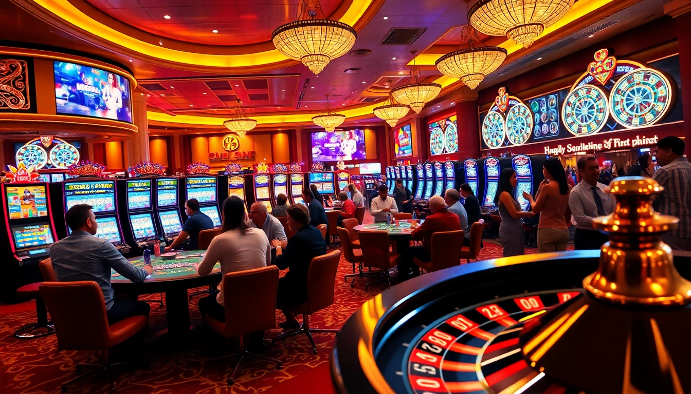 Players enjoying intense action at a casino featuring Web 68 game bài games, with vibrant poker tables, slot machines, and roulette wheels.