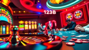 Excited players at a casino table with "Link 123B" neon sign glowing in the background while placing bets.