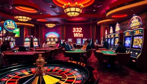 32 Win signage illuminates a lively casino filled with players at poker tables and slot machines.