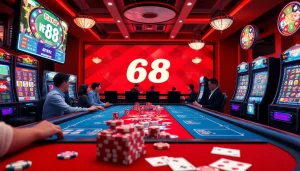 Experience the thrill of online gambling with Web 68 game bài, illustrated through vibrant scenes of players at engaging gaming tables.
