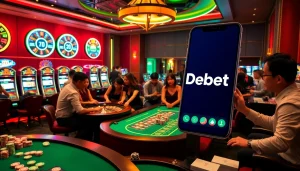 Debet Casino scene with players enjoying roulette and poker games amidst vibrant lights.