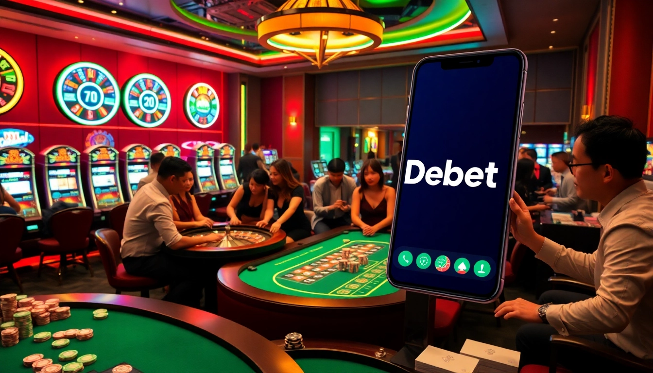 Debet Casino scene with players enjoying roulette and poker games amidst vibrant lights.