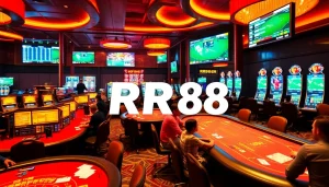 RR88 casino scene with lively players at tables and vibrant slot machines.