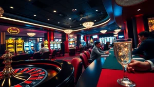 Experience the thrilling ambiance of a casino with players enjoying games, while urus9 refreshment enhances their gaming experience.