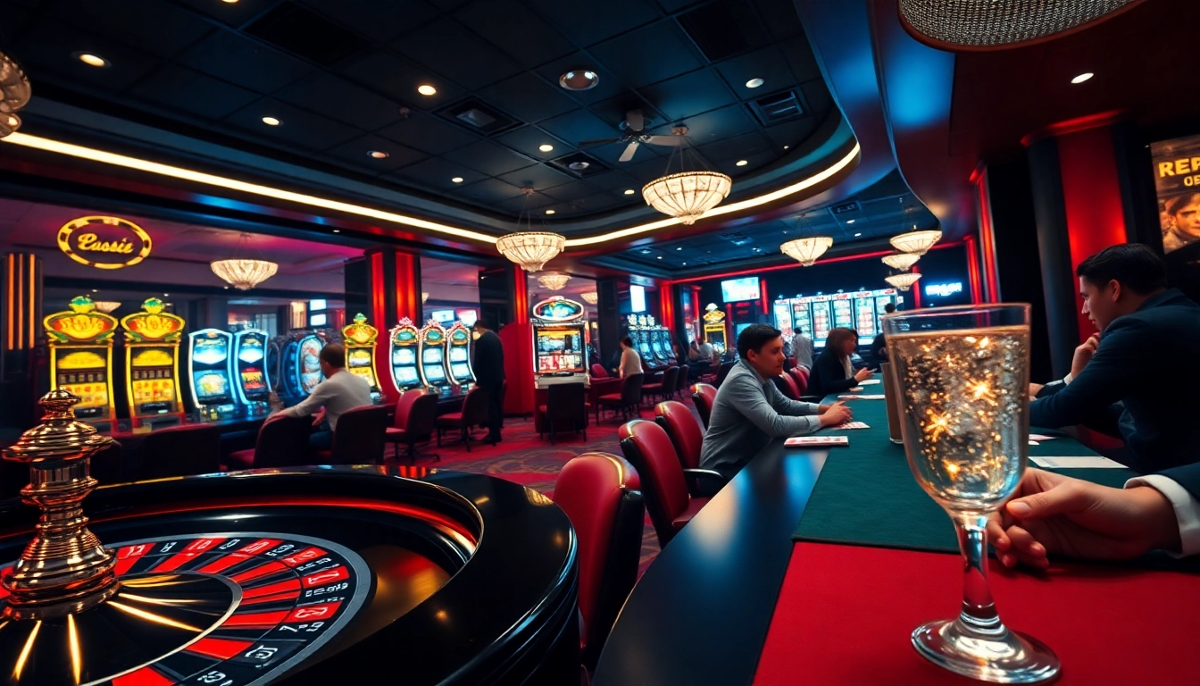 Experience the thrilling ambiance of a casino with players enjoying games, while urus9 refreshment enhances their gaming experience.