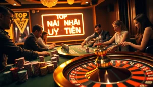 Top nhà cái uy tín showcased in an exciting roulette game scene with eager players and colorful bets.