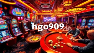 Engaging gameplay at HGO909 casino, showcasing vibrant slot machines and excited players at the poker table.