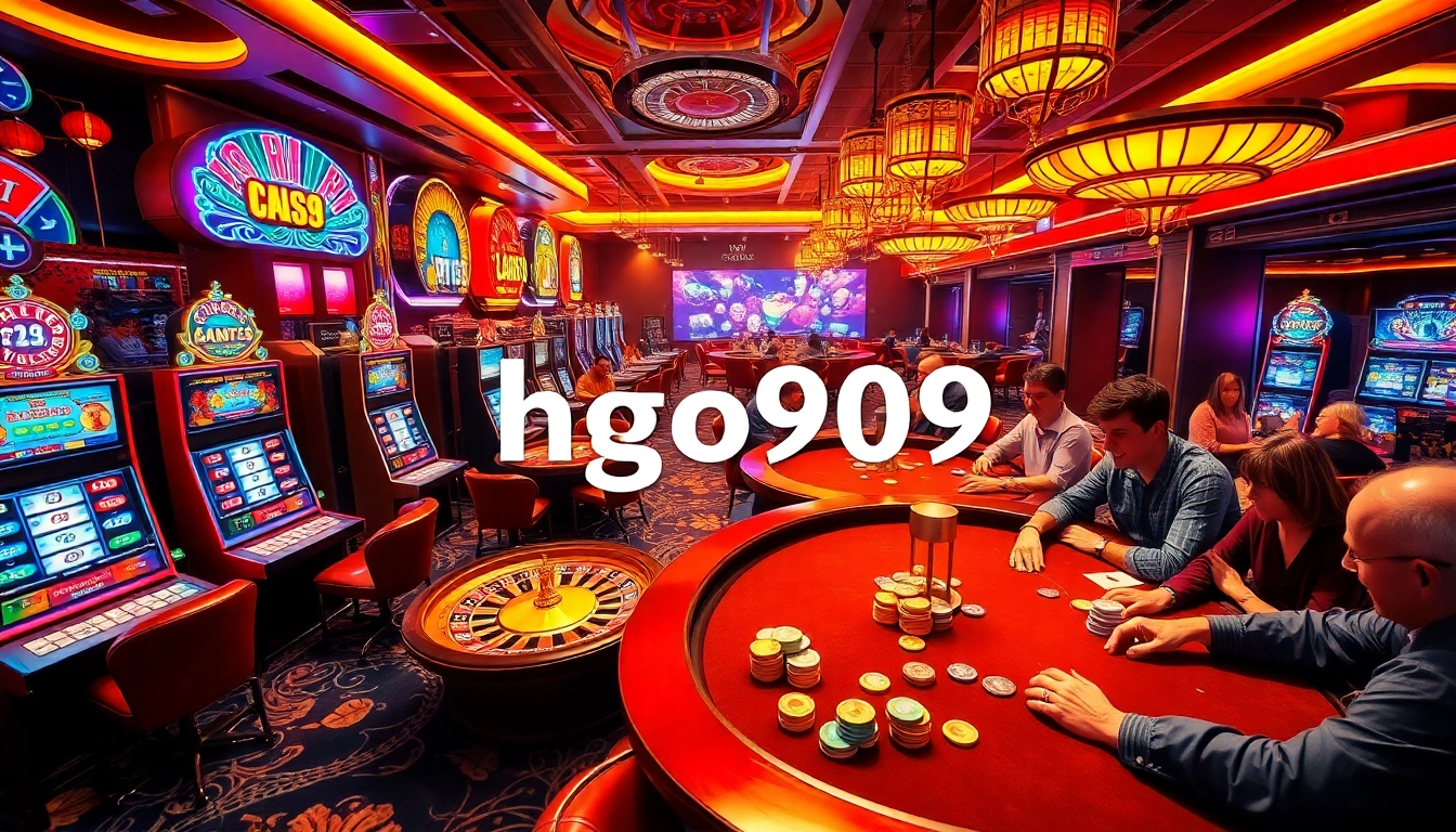 Engaging gameplay at HGO909 casino, showcasing vibrant slot machines and excited players at the poker table.