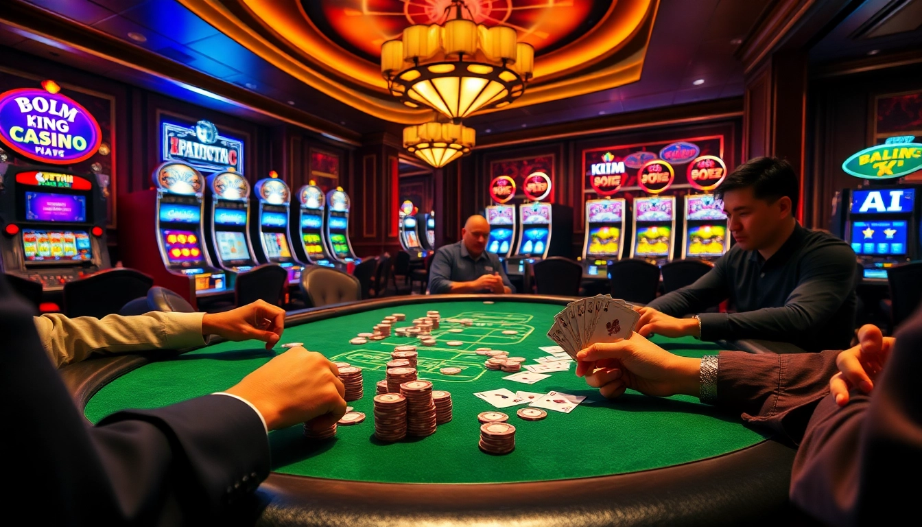Players at Kim Casino engage in a high-stakes poker game, showcasing colorful chips and cards in an elegant casino atmosphere.