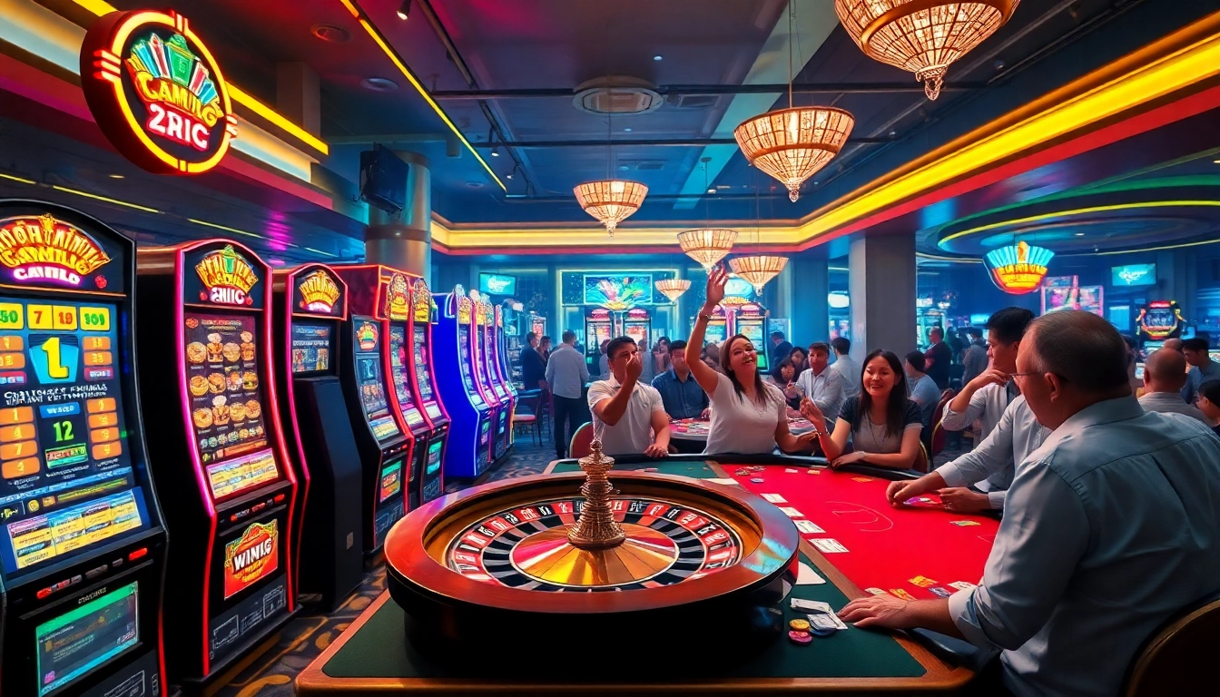 Experience the thrill with gamebaidoithuong at a vibrant casino featuring neon-lit slot machines and an energetic poker table.