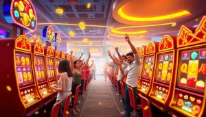 Excited players celebrating big wins on vibrant online Slot Gacor machines in a digital casino setting.