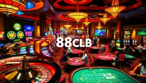 Experience thrilling gambling at 88CLB with players at roulette, poker, and slot machines.