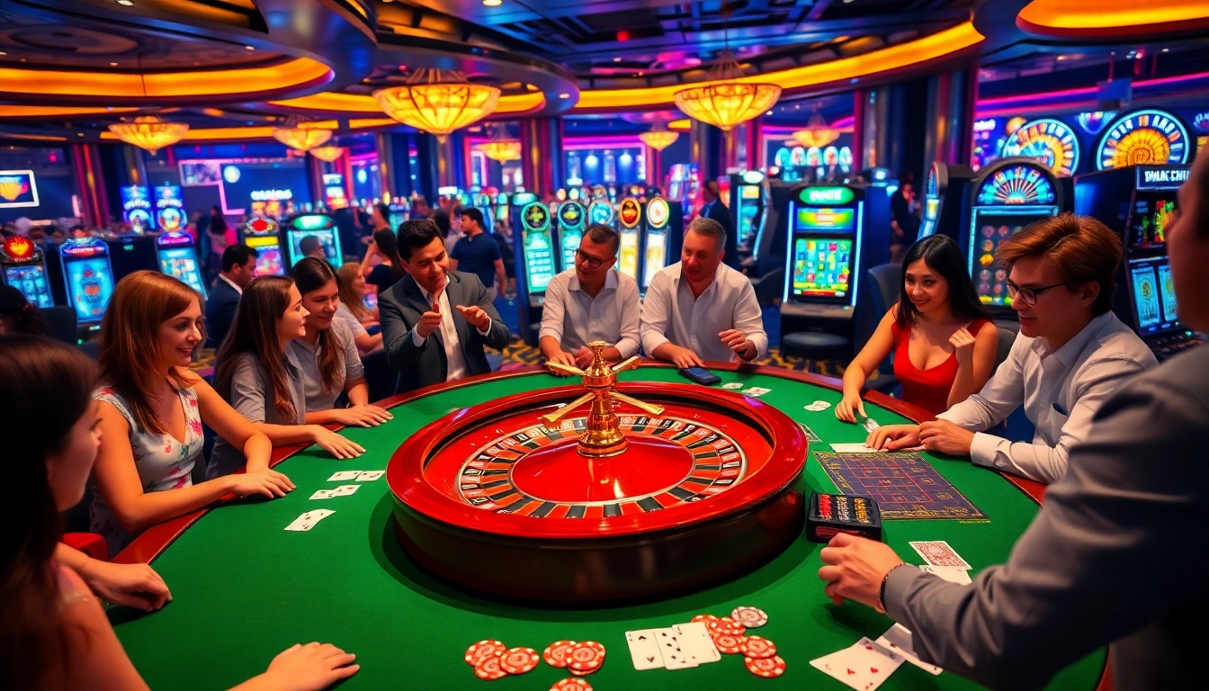 Experience the excitement of FB88 at a lively casino scene with players winning big at poker and roulette.